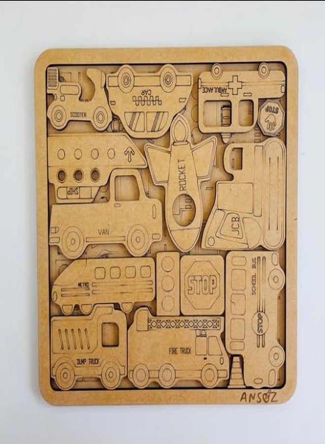 Ansoz Wooden Vehicle Puzzle Kit for Kids, Paint and Play Activity Set, Educational Transport Theme - Image 1
